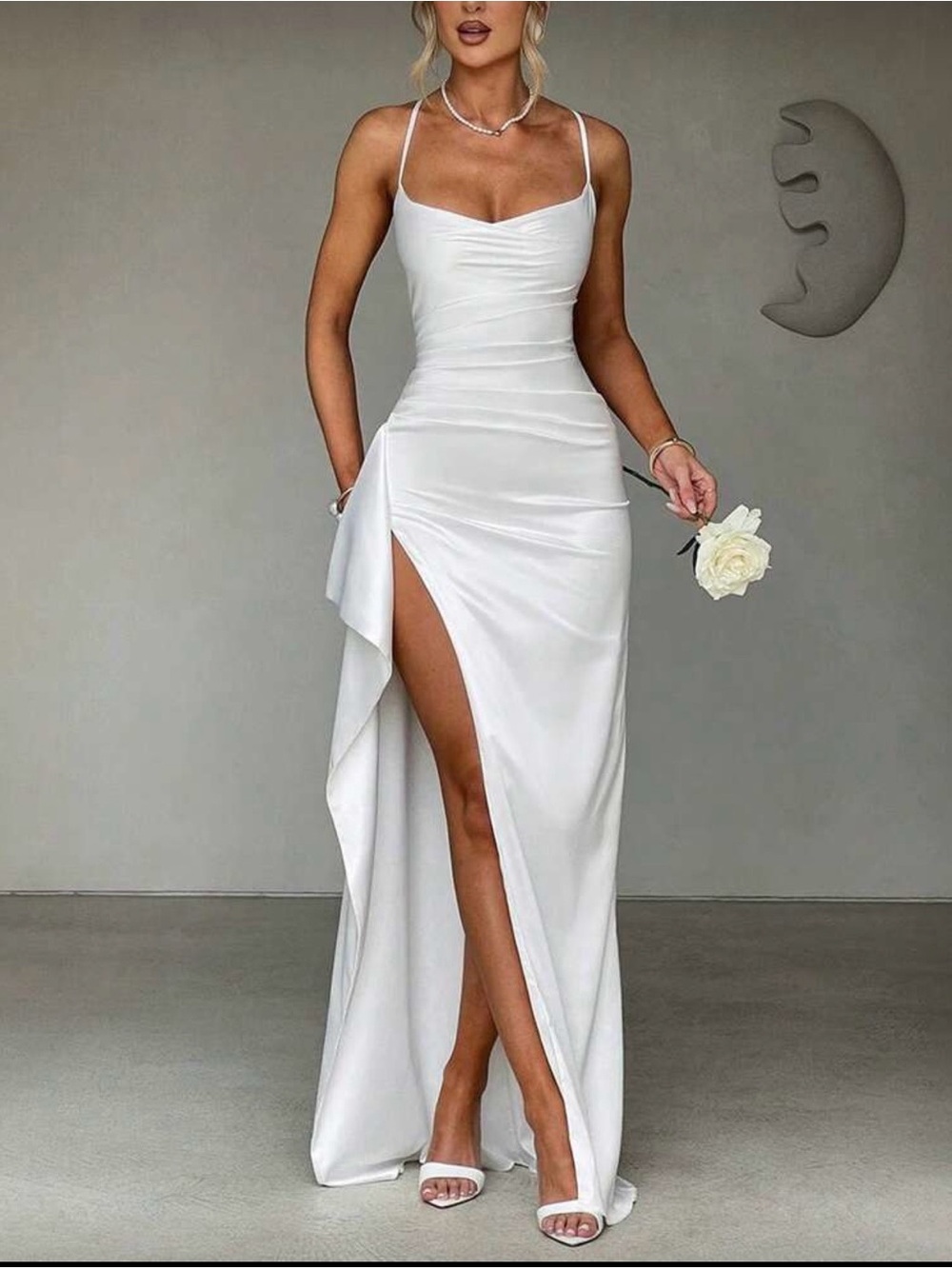 White Satin Spaghetti-Strap Evening Gown with High Slit